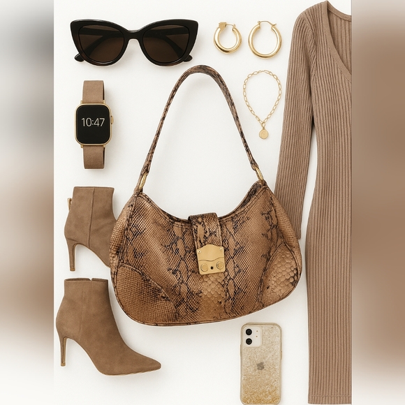 New York & Company Handbags - ☆New York & Company Tan Snakeskin Print Leather Boho Shoulder Bag☆